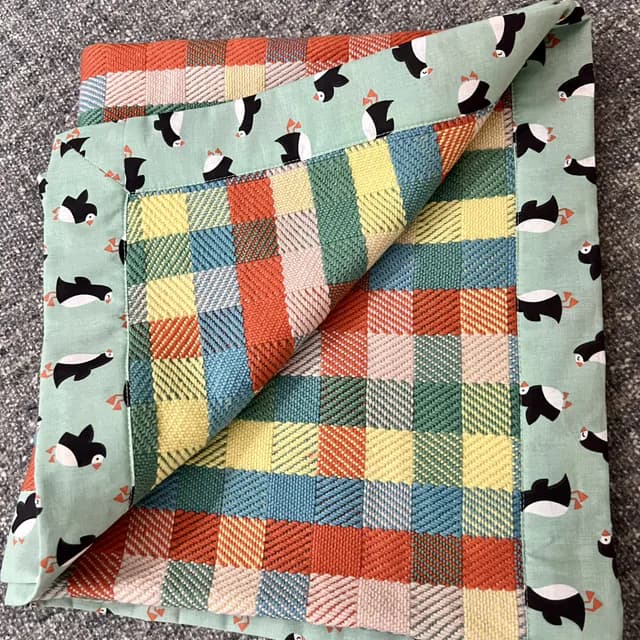 Plaid tissé à carreaux multicolores plié avec bordure en tissu vert d'eau à motifs d'oiseaux.