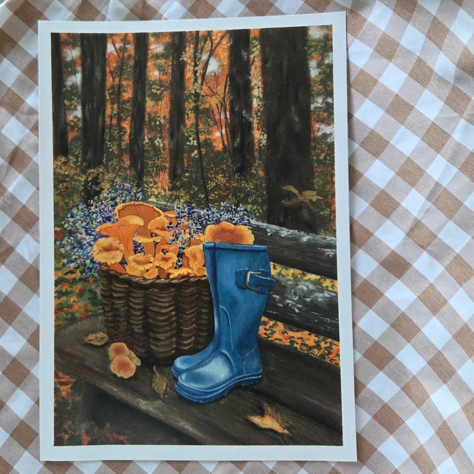 Illustration d'une forêt d'automne avec des bottes bleues et un panier de girolles sur un banc en bois.
