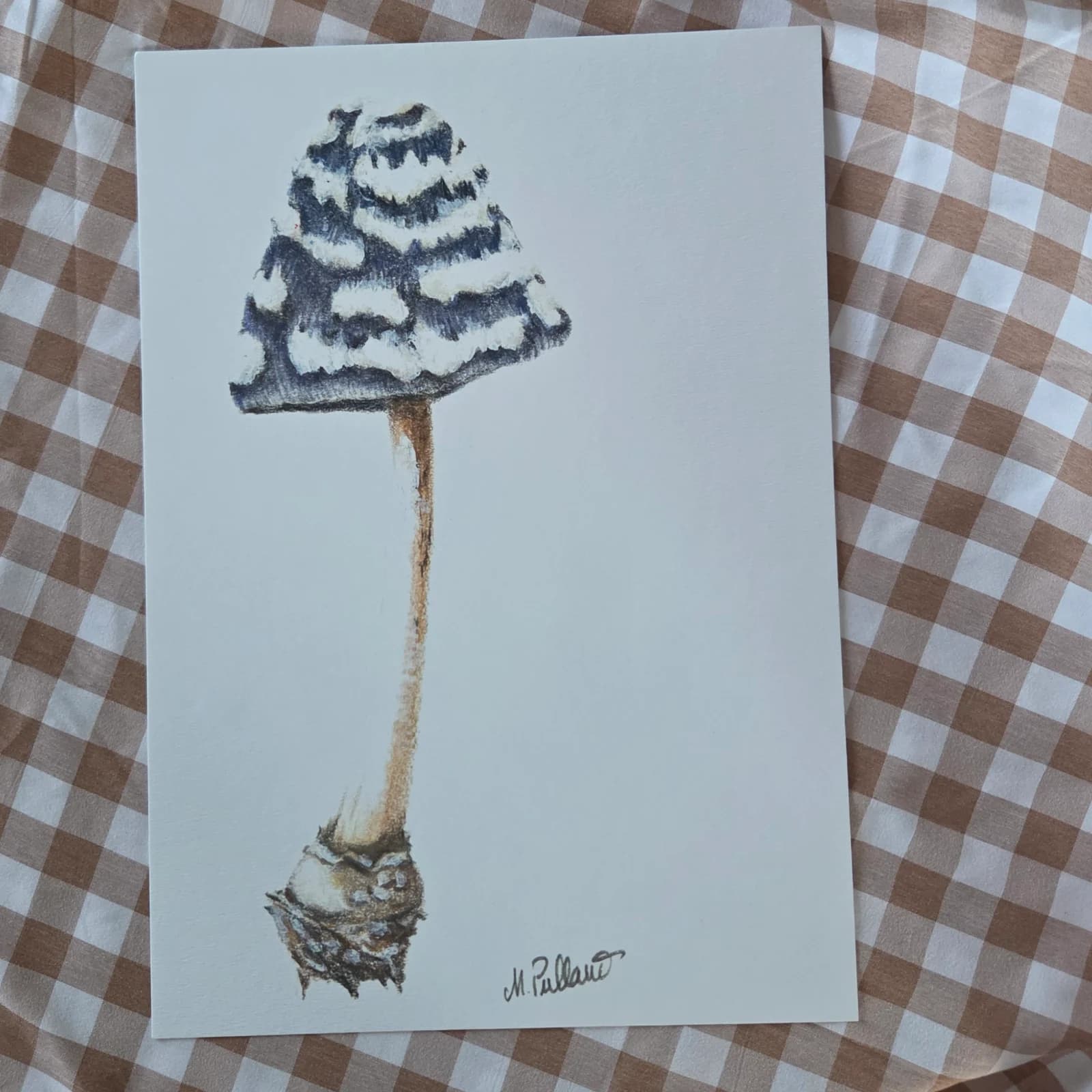 Illustration d'un champignon bleu et blanc aux détails texturés sur fond blanc, posée sur tissu à carreaux.