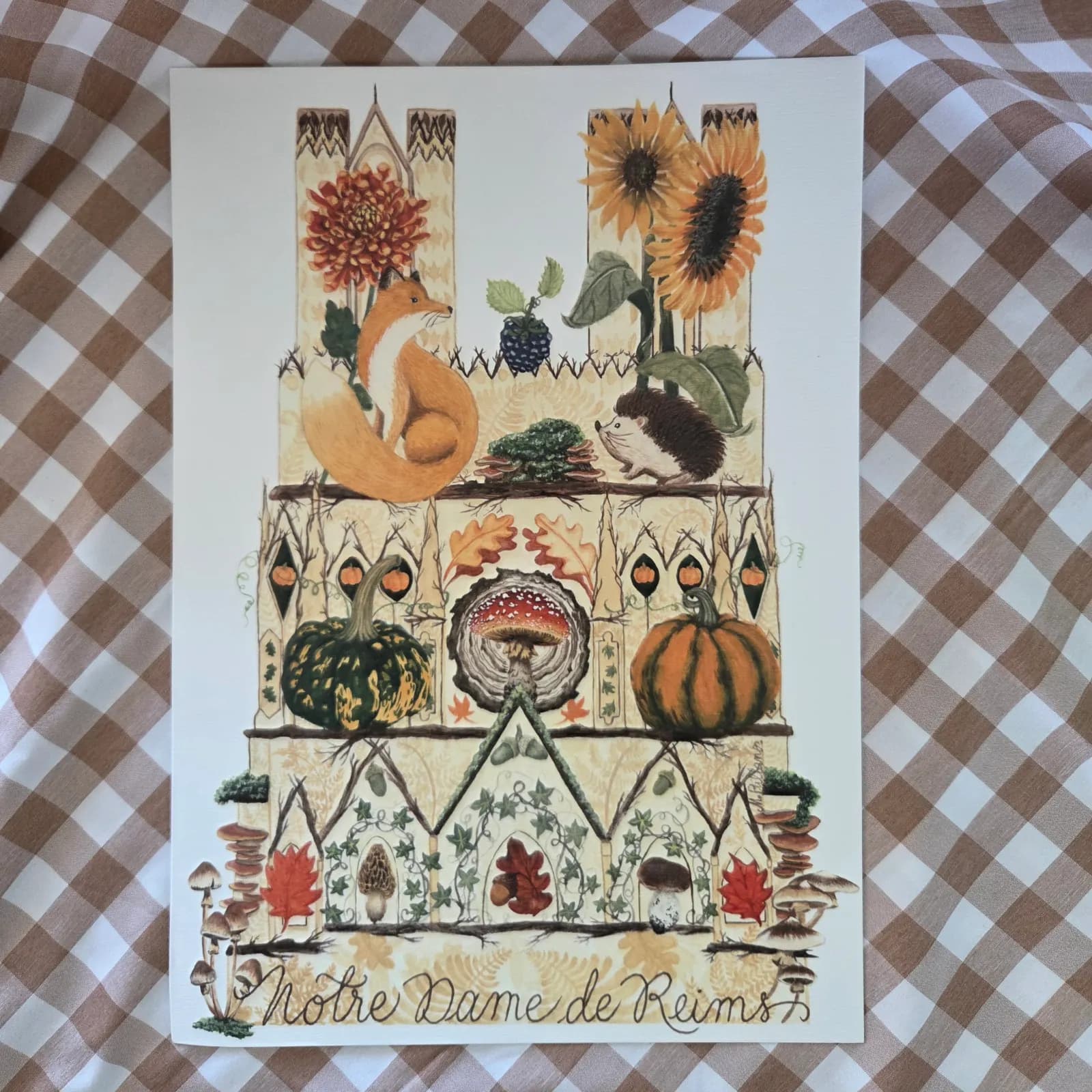 Illustration de la cathédrale de Reims aux motifs d'automne avec renard, hérisson, citrouilles et champignons.
